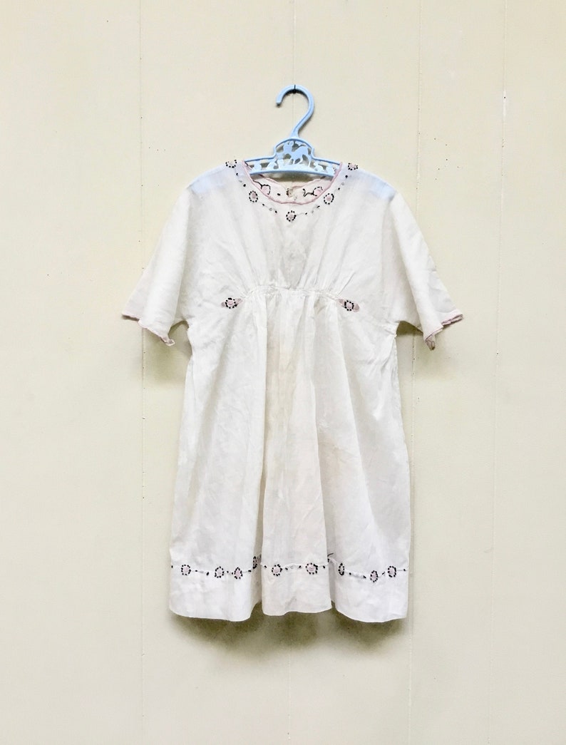 Antique 1910s Edwardian Hand-Embroidered White Batiste Girl's Dress, WW1 Era Cotton Summer Chemise, Teens Era Slip or Underdress, VFG image 1