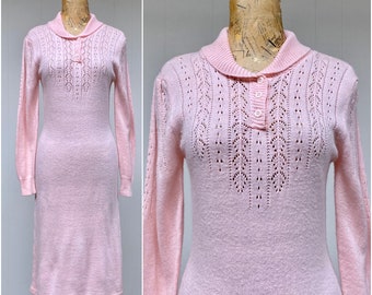 Vintage 1960s Pink Knit Dress, Long Sleeve Acrylic Pointelle Sweater Dress, Small to Medium, VFG