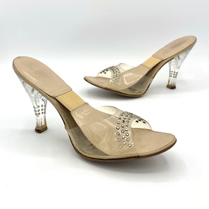 Vintage 1950s Clear Peeptoe Rhinestone Spring-o-lators, Carved Lucite Heels, 50s Wedding Shoes, Pin-Up Rockabilly VLV, US 7-7.5 N, VFG