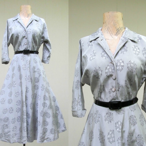 Vintage 1950s Rockabilly Dress, 50s Silver Rayon Taffeta Floral Pattern Full Bias Cut Skirt Swing Dance VLV Frock, 34 Bust Small