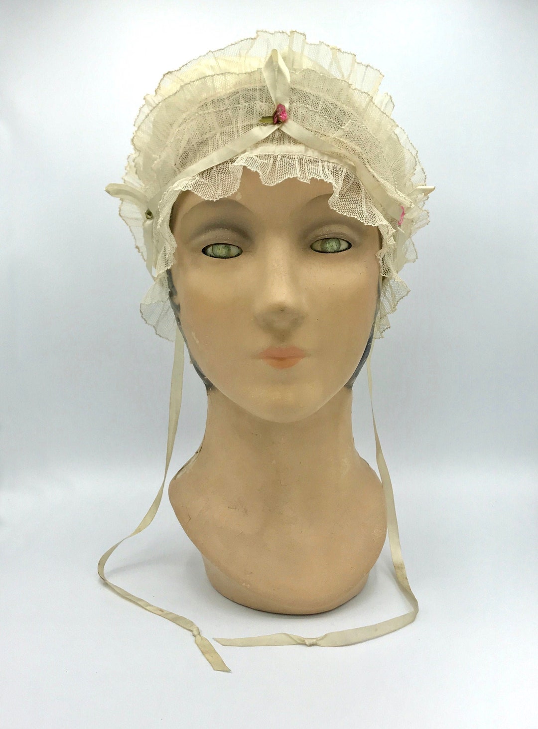 Vintage 1920s Satin and Mesh Lace Boudoir Cap, Ladies Art Vintage 1920s Satin and Mesh Lace Boudoir Cap, Ladies Art