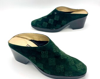 Vintage Givenchy Green Suede Mules, Embroidered Logo Slip