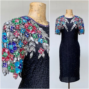 Vintage 1980s Black Silk Party Dress w/Floral Sequins & Beading, Sténay Special Occasion Keyhole Back Sheath, Medium 38 Bust, VFG image 1