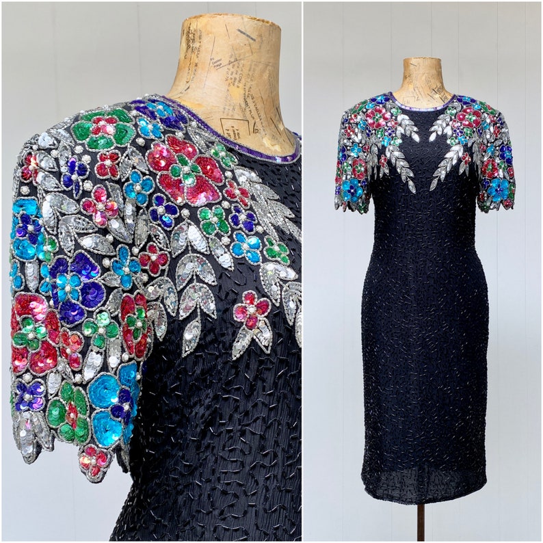 Vintage 1980s Black Silk Party Dress w/Floral Sequins & Beading, Sténay Special Occasion Keyhole Back Sheath, Medium 38 Bust, VFG image 1