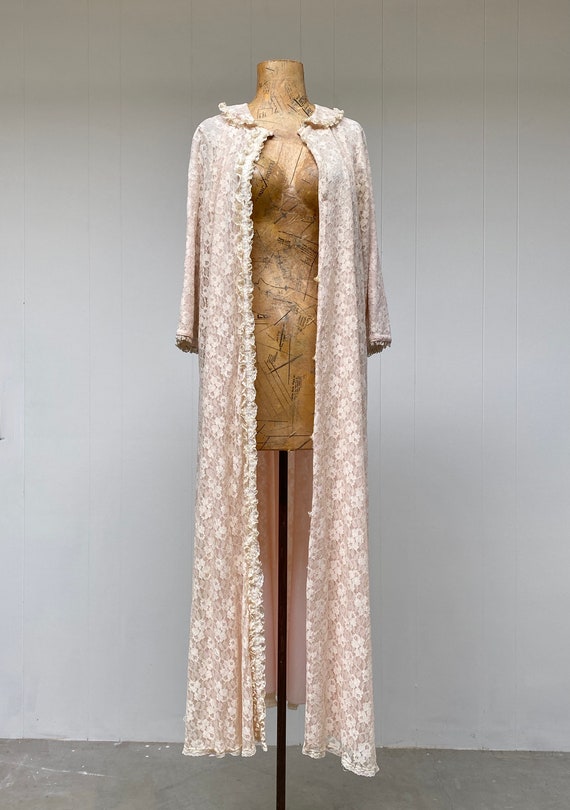 Vintage 1960s Floral Lace Robe, 60s Blush Nylon D… - image 5