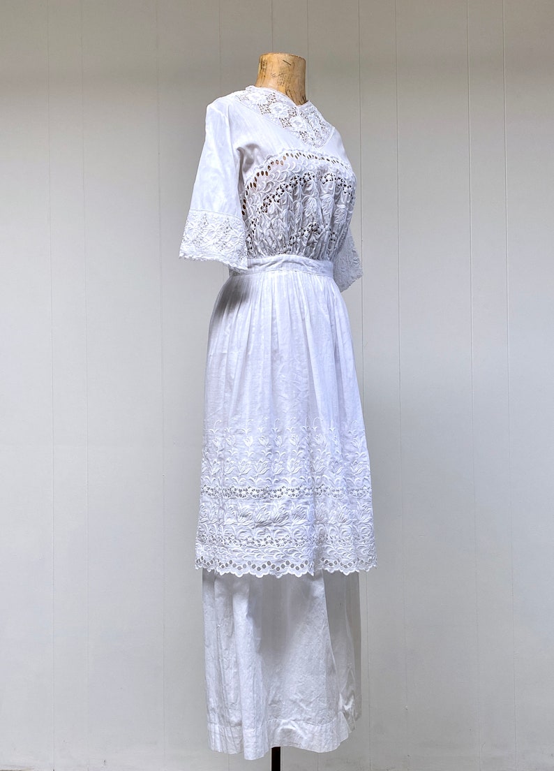 Vestido de té eduardiano antiguo, fiesta en el jardín de encaje de algodón de la década de 1910, ojal floral Ayrshire Whitework, boda de verano, cintura pequeña de 34 busto 26, VFG imagen 4