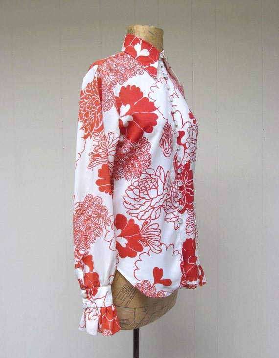 Vintage 1970s Boho Floral Blouse, 70s Ivory Orang… - image 3