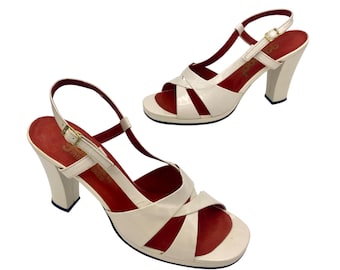Vintage 1970s Eggshell Patent Leather Platform Sandals, 70s Open Toe Slingback Sky-High Heels Made in Philippines, US Size 6, VFG