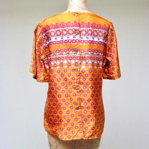 Vintage 1960s Orange Indian Print Rayon Blouse, 60s Alex Colman Short Sleeve Back Button Top, Medium 38 Bust, VFG image 4