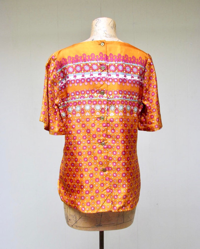 Vintage 1960s Orange Indian Print Rayon Blouse, 60s Alex Colman Short Sleeve Back Button Top, Medium 38 Bust, VFG image 4