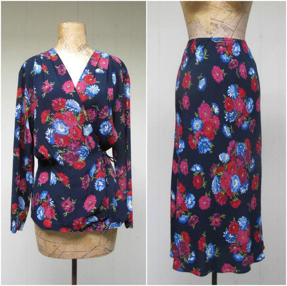 Vintage 1980s Does 1940s Floral Rayon Skirt Set, … - image 5