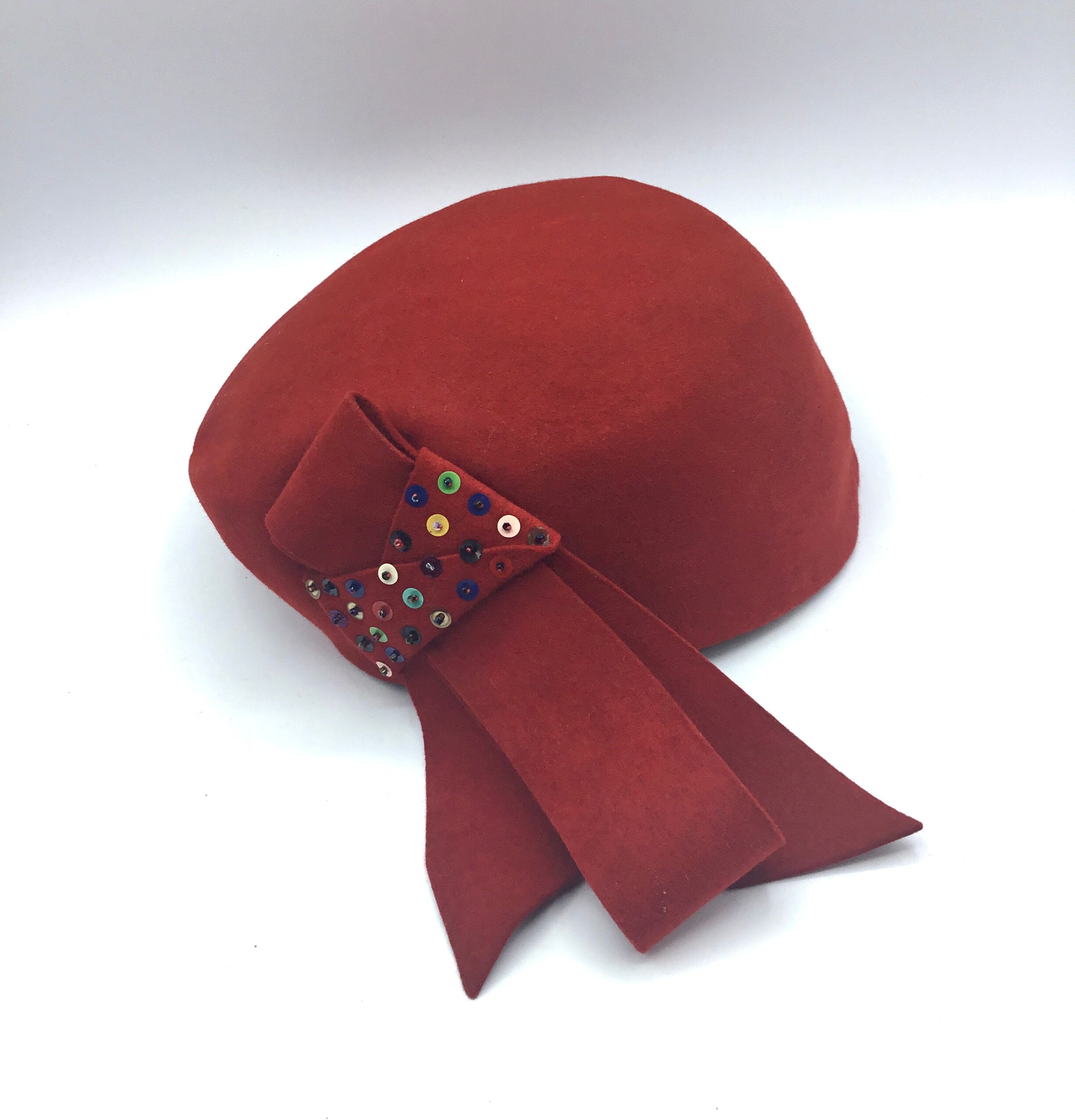 Vintage 1940’s Women’s Cloche Hat W/ Hat Pin Ribbon Jeweled End Classic Red Wool 1940s Union Made Hat - Etsy main image 3