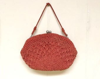 Vintage 1950s Crochet Purse, 50s Burnt Orange Soutache Cord Handbag, Mid-Century Top Handle Purse, VFG