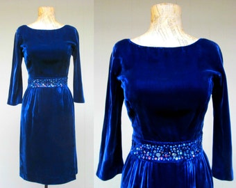Vintage 1960s Blue Velvet Party Dress, 60s Jeweled Sapphire Pencil Skirt Wiggle Dress, Small 34" Bust, VFG