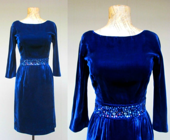 Vintage 1960s Blue Velvet Party Dress, 60s Jewele… - image 1