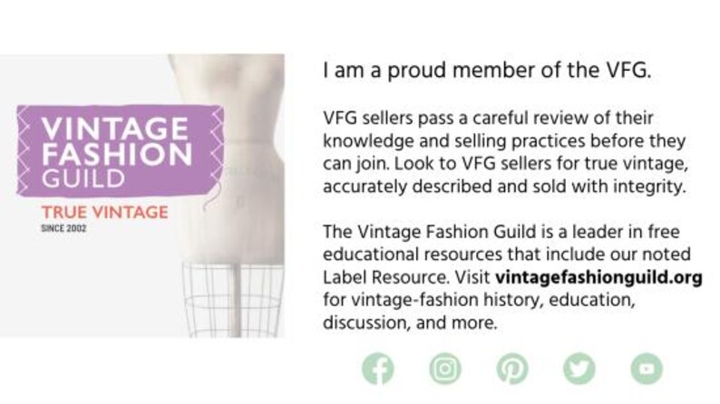May include: A white dress form mannequin stands beside a purple rectangular graphic containing the white text VINTAGE FASHION GUILD and TRUE VINTAGE SINCE 2002. To the right, black text reads I am a proud member of the VFG, followed by descriptive paragraphs.