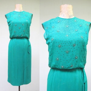 Vintage 1960s Wiggle Dress, 60s Emerald Green Silk Chiffon Rhinestone Dress, Fancy Sleeveless Sheath, Cocktail Party Frock, X Small 32 Bust image 1