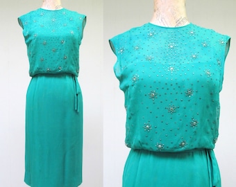 Vintage 1960s Wiggle Dress, 60s Emerald Green Silk Chiffon Rhinestone Dress, Fancy Sleeveless Sheath, Cocktail Party Frock, X Small 32 Bust