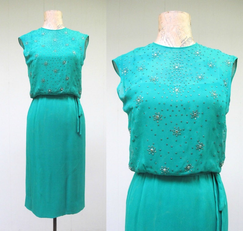 Vintage 1960s Wiggle Dress, 60s Emerald Green Silk Chiffon Rhinestone Dress, Fancy Sleeveless Sheath, Cocktail Party Frock, X Small 32 Bust image 1