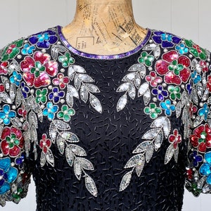 Vintage 1980s Black Silk Party Dress w/Floral Sequins & Beading, Sténay Special Occasion Keyhole Back Sheath, Medium 38 Bust, VFG image 8