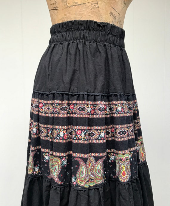 Vintage 1980s Peasant Maxi Skirt, Black Cotton Pa… - image 6