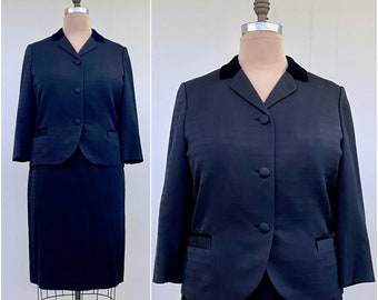 Vintage 1960s Don Loper Skirt Suit, 60s Black Summer-Weight Wool, Mid-Century Designer Jacket and Pencil Skirt Set, Large Size 14, VFG