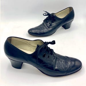 1940〜50s ヴィンテージ USドレスシューズ ブラック Vintage 1940s/50s Black Leather Oxford Shoes, Perforated Lace-up