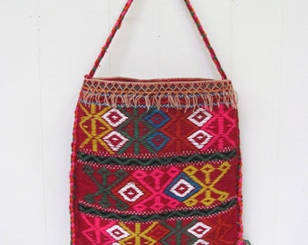 Vintage 1970s Ethnic Shoulder Bag, 70s Hippie Purse, Bright Woven Wool Boho Bag, Geometric Tribal Pattern Bag, Casual Tote Bag, VFG