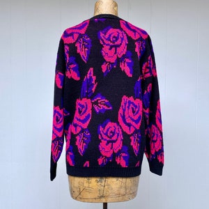 Vintage 1980s Slouchy Dark Floral Sweater, Black Pink Purple Metallic Roses Pullover, New Wave Acrylic Novelty Knit, 44 Bust Medium, VFG image 3