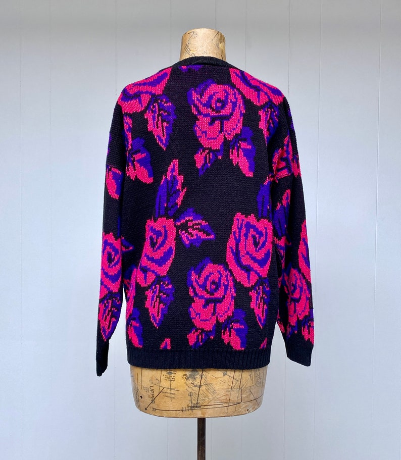 Vintage 1980s Slouchy Dark Floral Sweater, Black Pink Purple Metallic Roses Pullover, New Wave Acrylic Novelty Knit, 44 Bust Medium, VFG image 3