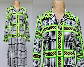 Vintage 1960s Mr. Dino Op-Art Shirt Dress, 60s Mod Designer Black and White Drop-waist Qiana Frock, Small - Medium, VFG