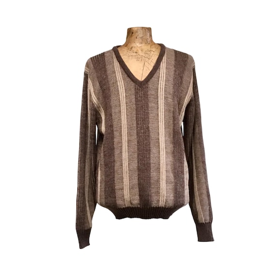 Vintage 1980s Slouchy V Neck Sweater, 80s Brown Striped Acrylic