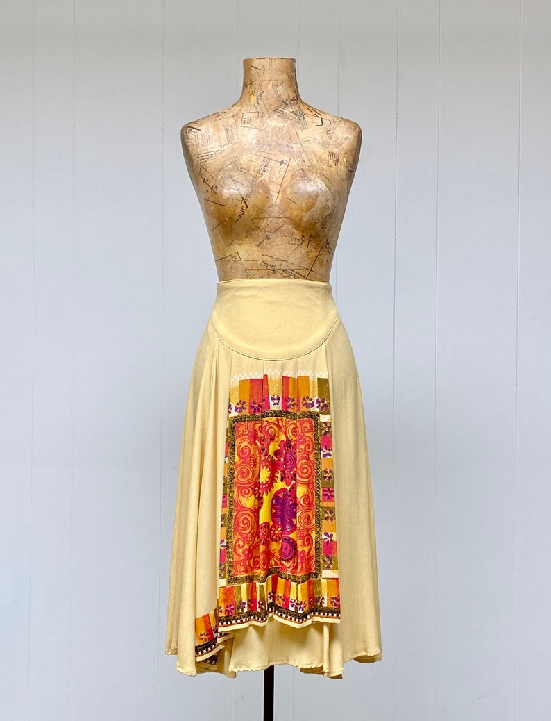 Vintage 1980s Buttercream Rayon Crepe Circle Skirt, 80s New Romantic Faux Wrap Midi, Small 27 Inch Waist, VFG image 5