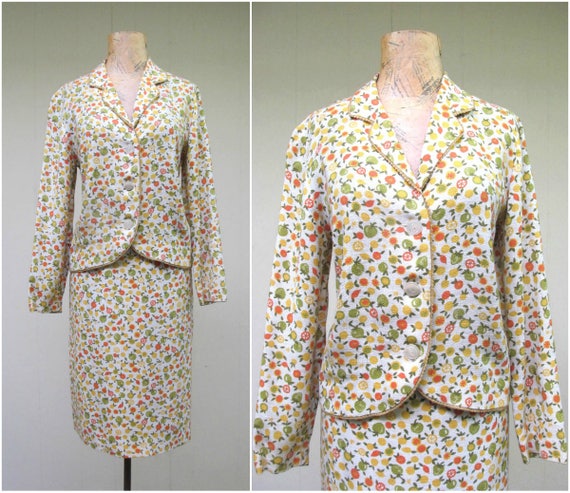 Vintage 1960s Linen Skirt Suit, 60s Citrus Fruit P
