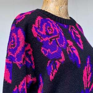 Vintage 1980s Slouchy Dark Floral Sweater, Black Pink Purple Metallic Roses Pullover, New Wave Acrylic Novelty Knit, 44 Bust Medium, VFG image 5