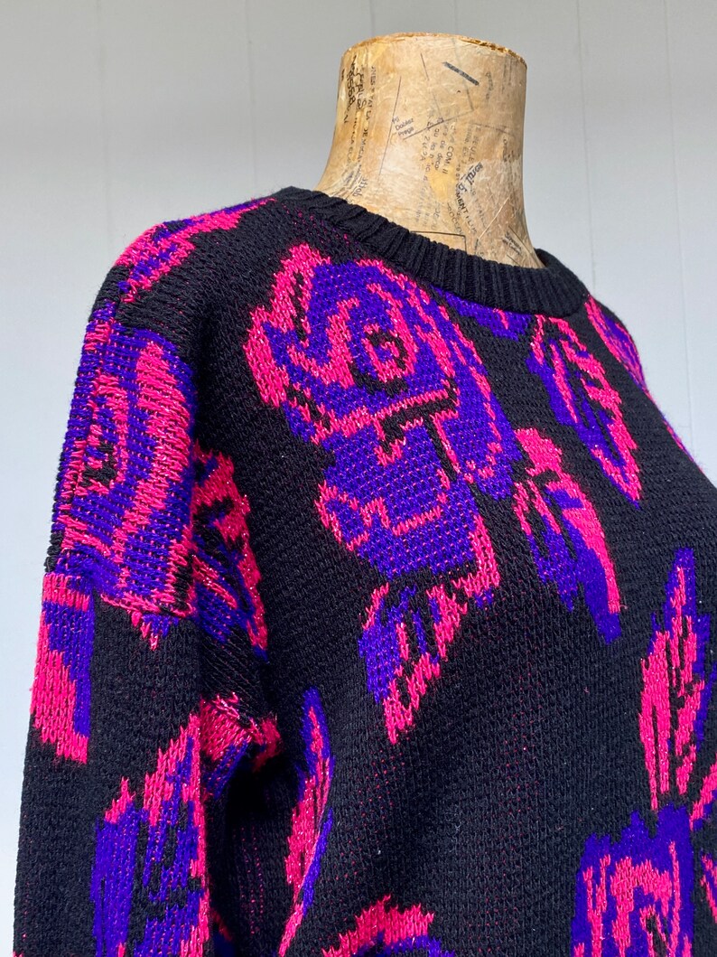 Vintage 1980s Slouchy Dark Floral Sweater, Black Pink Purple Metallic Roses Pullover, New Wave Acrylic Novelty Knit, 44 Bust Medium, VFG image 5