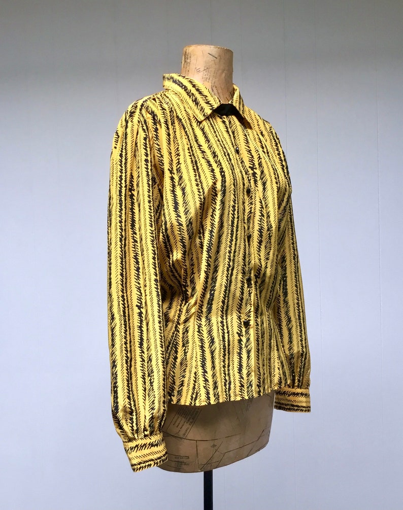 Vintage 1980s New Wave Blouse, 80s Marigold Long Sleeve Crosshatch Striped Polyester, Modest Neil Martin Office Attire, Medium to Large, VFG image 3