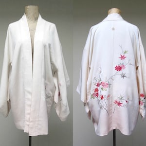 Vintage Japanese Haori Robe, Pink Ombre Synthetic Silk w/Delicate Floral Embroidery, Short Kimono, VFG