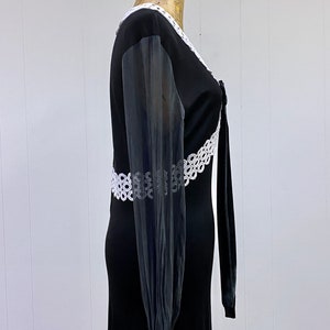 Vintage 1960s Black Empire Waist Maxi w/Guipure Lace, 60s Goth Prom Dress, Polyester Jersey Gown, Small 36 Bust image 8