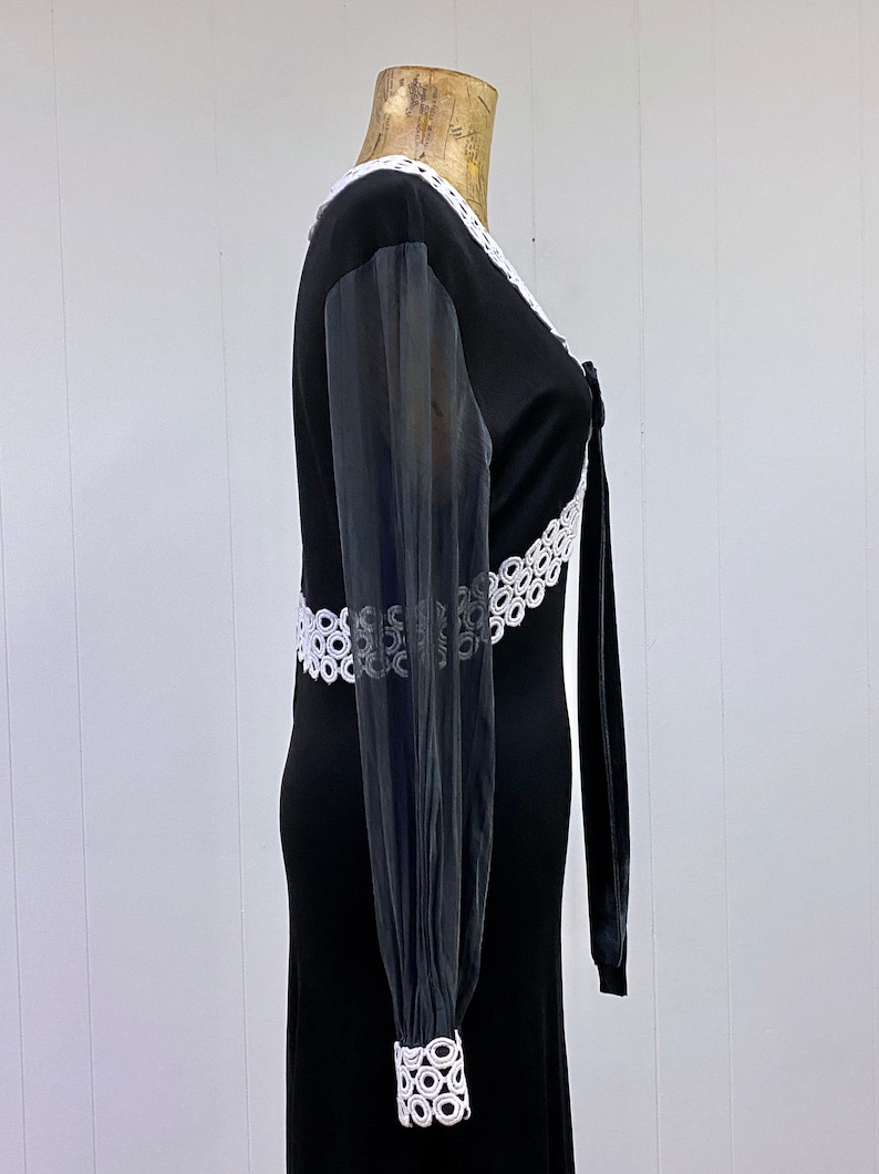 Vintage 1960s Black Empire Waist Maxi w/Guipure Lace, 60s Goth Prom Dress, Polyester Jersey Gown, Small 36 Bust image 8