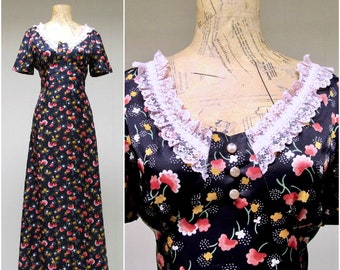 Vintage 1960s Cottagecore Maxi Dress, 60s Romantic Floral Rayon and Lace Prairie Dress, Medium 38" Bust, VFG