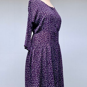 Vintage 1990s HARARI Drop-Waist Purple Paisley Rayon Dress, Loose-Fit Tea Length One Size up to 44 Bust, VFG image 5