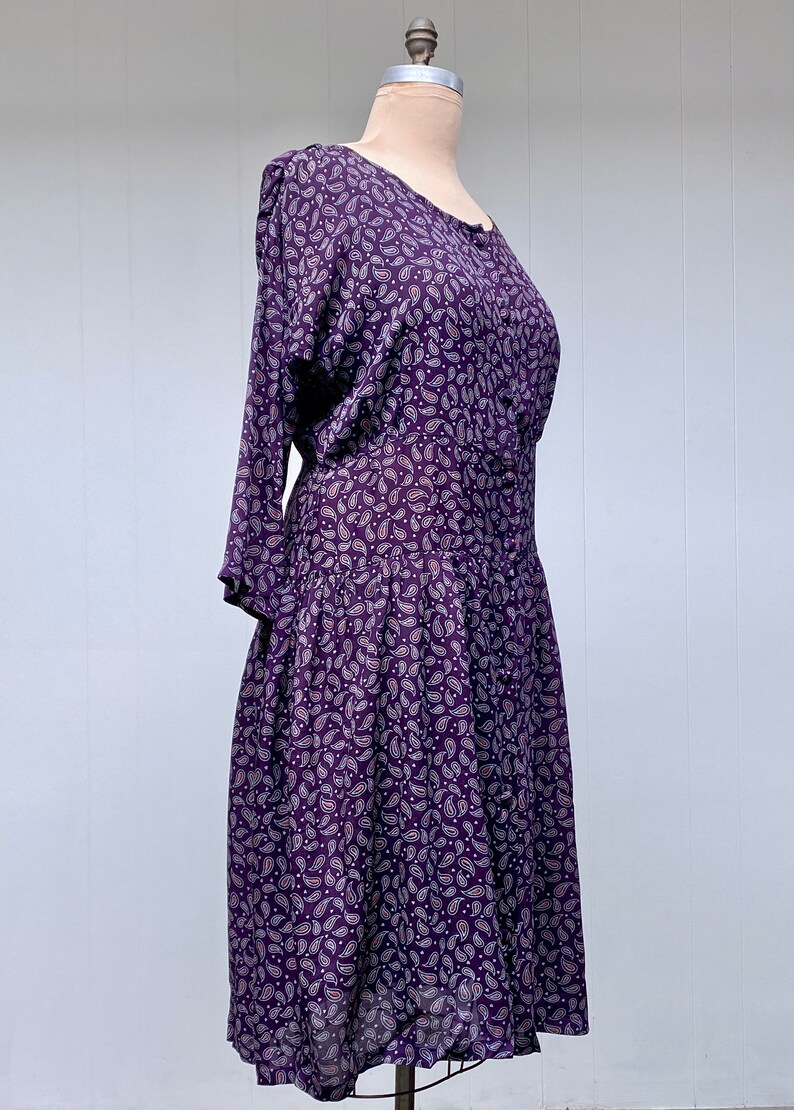 Vintage 1990s HARARI Drop-Waist Purple Paisley Rayon Dress, Loose-Fit Tea Length One Size up to 44 Bust, VFG image 5