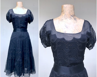 Vintage 1930s Black Silk Eyelet Lace Dress with Puffed Sleeves and Full Tiered Skirt, Extra Small 32" Bust, VFG