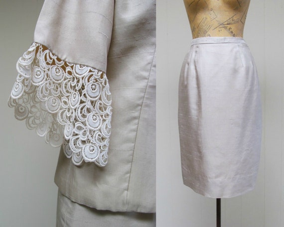 Vintage 1960s Silk Skirt Suit, 60s Bone Silk and … - image 5