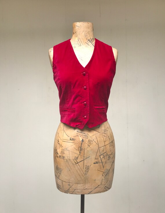 Vintage 1970s Red Velveteen Vest, 70s Crimson Velv