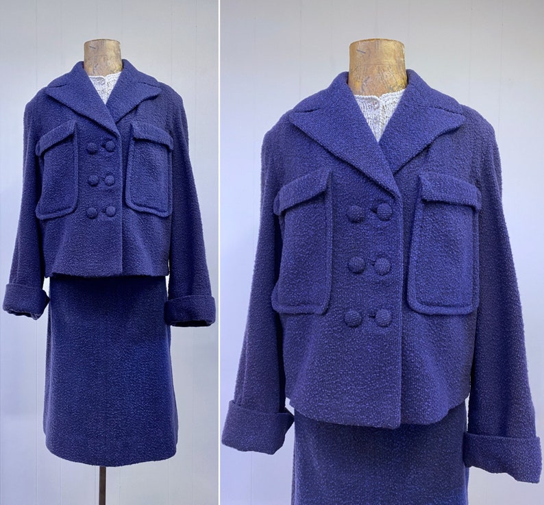Vintage 1950s Wool Bouclé Skirt Suit, Cropped Jacket and Pencil Skirt Set, Small-Medium image 1