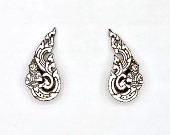 Vintage 1940s Enamel Dancer Siam Sterling Silver Clip-On Earrings, Mid-Century Thai Ramakien Non-Pierced Earrings, VFG