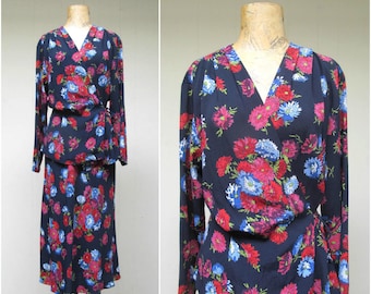 Vintage 1980s Does 1940s Floral Rayon Skirt Set, Carole Little Navy Bias Cut Top and Skirt, Romantic Soft Dressing Separates, Medium, VFG