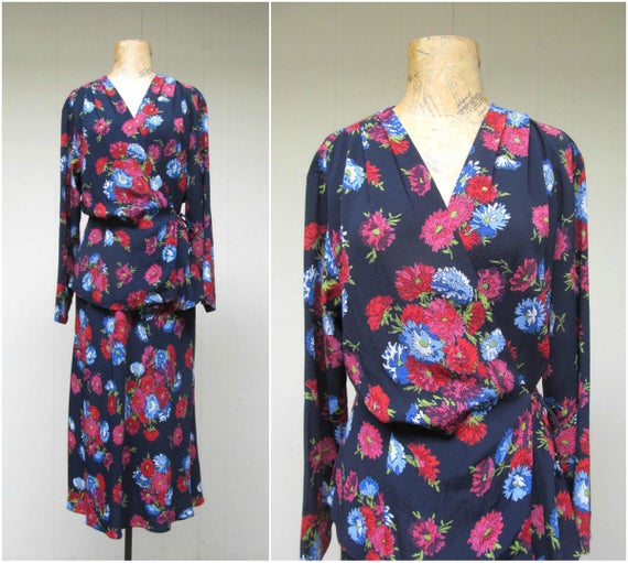 Vintage 1980s Does 1940s Floral Rayon Skirt Set, … - image 1